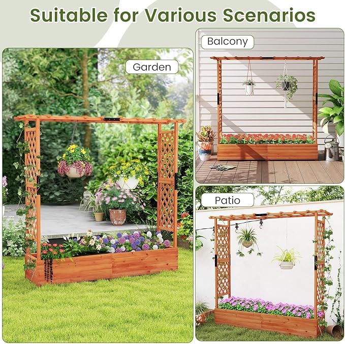 S AFSTAR 77-Inch Raised Garden Bed with Arch Trellis, Hanging Roof & Drainage Holes, Vertical Plant Container for Vine Climbing Plant Flower, Indoor Outdoor Wood Elevated Planter Box for Garden