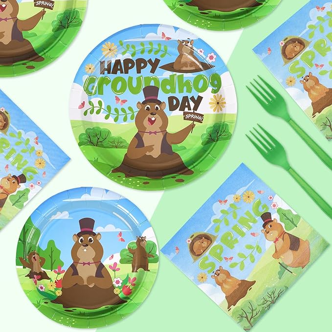 96Pcs Happy Groundhog Day Birthday Party Supplies 350 GSM Groundhog Plates and Napkins Tableware Sets Spring February 2nd Party Decorations for Groundhog Day Themed Baby Shower Party Favor,Servers 24