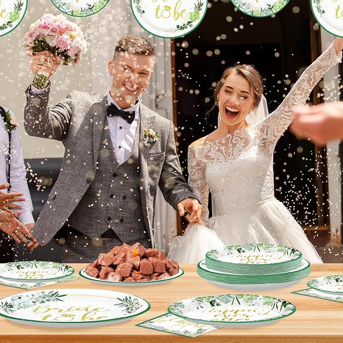 96Pcs Bridal Shower Party Supplies Sage Green Bride to Be Plates and Napkins Eucalyptus Leaves Tableware Sets Wedding Party Decorations for Engagement Bachelorette Miss to Mrs Party,Serves 24