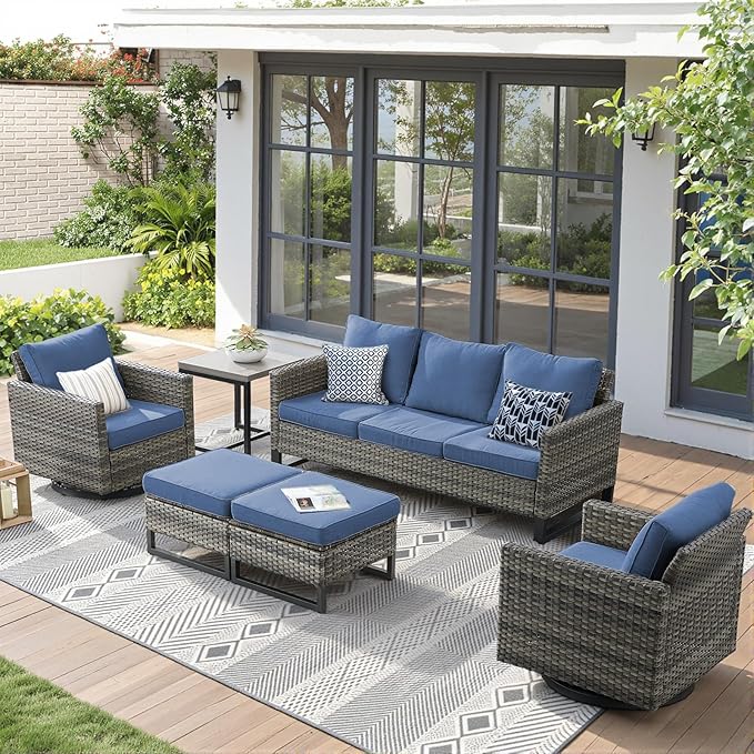 6 Pieces Patio Furniture Set-All Weather Outdoor Swivel Rocker Patio Chairs with Deep Seat Sofa Ottomans and Glass Side Table, Outdoor Conversation Sets for Garden Backyard Deck(Grey/Blue)
