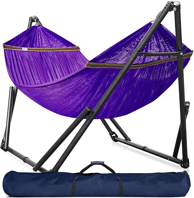 Tranquillo Universal Double Hammock with Stand Included for 2 Persons/Foldable Hammock Stand 600 lbs Capacity Portable Case - Inhouse, Outdoor, Camping, Purple