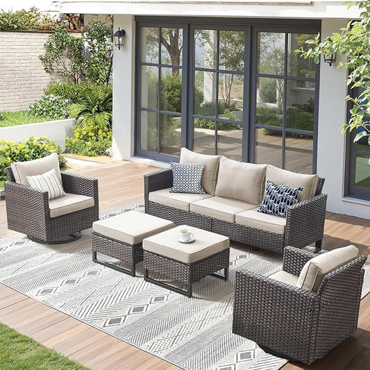 5 Pieces Patio Furniture Sets-High Back Outdoor Wicker Chairs with Sectional Sofa and Comfy Ottomans All Weather Patio Conversation Set for Porch Deck Garden Backyard(Brown/Beige)