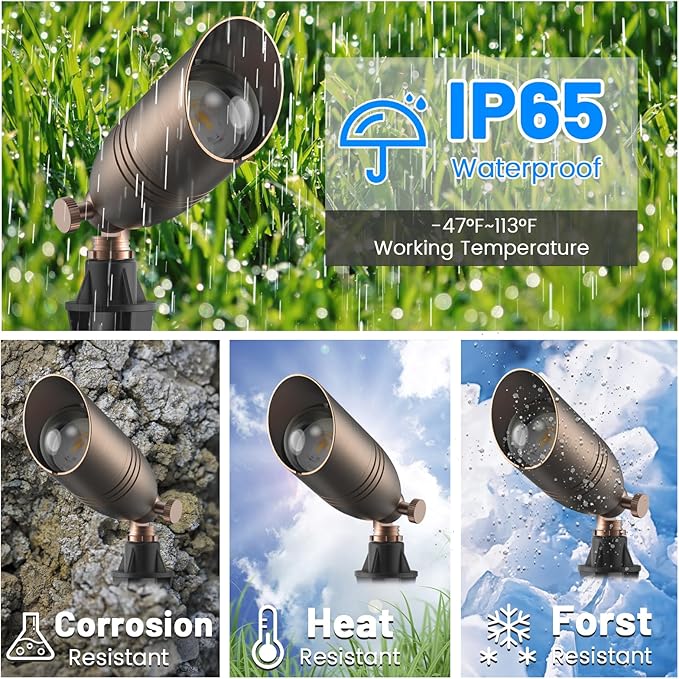 ZONEGRACE Low Voltage Brass Landscape Lights, Heavy-Duty Waterproof 12 Volt Landscape Lighting Bronze with Connectors, Copper Led Uplights & Spotlights, MR16 Bulb Not Included (Classic, 12 Pack)