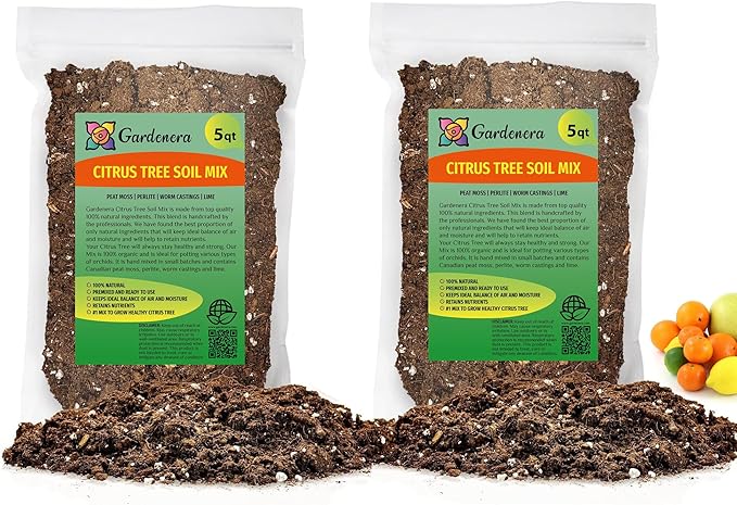 GARDENERA Citrus Tree Potting Soil Mix - 10 Quart - Special Blend for Indoor Oranges, Lemons, Limes and More - (2 Bags of 5 Quart)