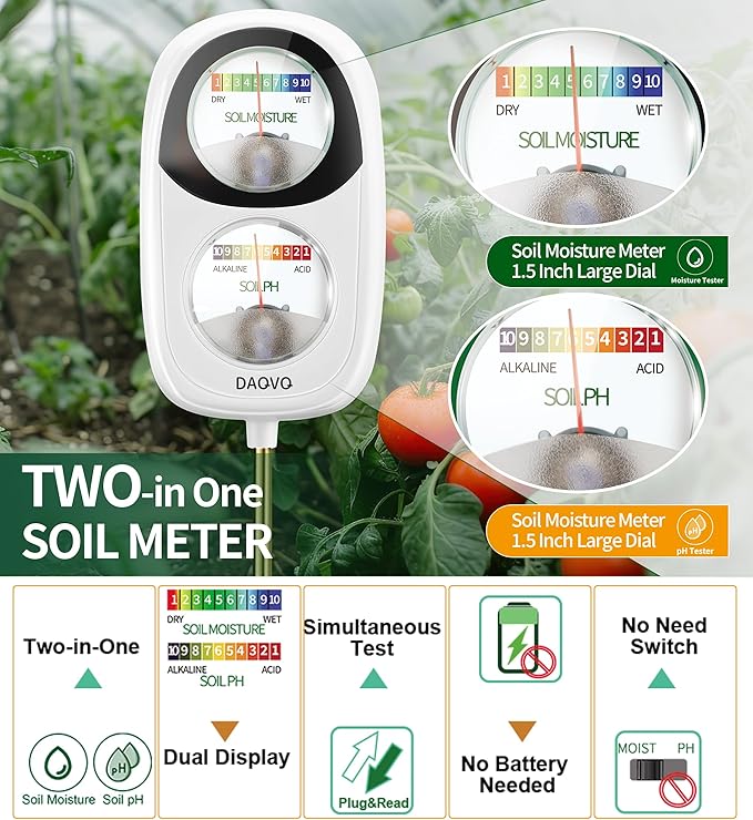 2-in-1 Soil Moisture Meter, Soil PH Meter, Large Dual-Screen Soil PH Tester & Moisture Meter for Plants Indoor&Outdoor Garden,Lawn,Farm Soil Test Kit-No Battery Needed-Ivory White