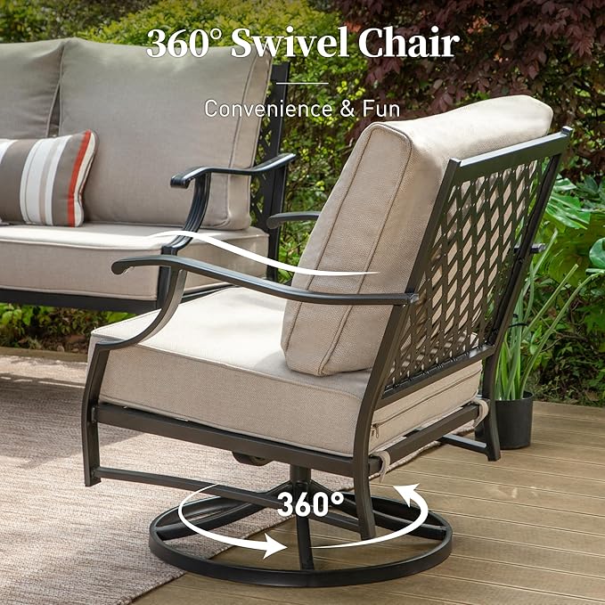 Patio Furniture Set, Modern Metal Outdoor Patio Furniture, 3 Seater Sofa, 2 Swivel Chairs, 2 Ottomans and 5.75" Extra Thick Cushion, Patio Conversation Set for Garden Backyard Deck