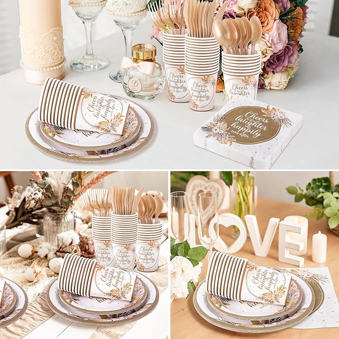 350 Pcs Boho Bridal Shower Paper Plates Napkins Cups Disposable Tableware Sets With Knives Forks Spoons Cheers to Love Bridal Shower Party Favors for 50 Guests Wedding Engagement Decorations (boho)