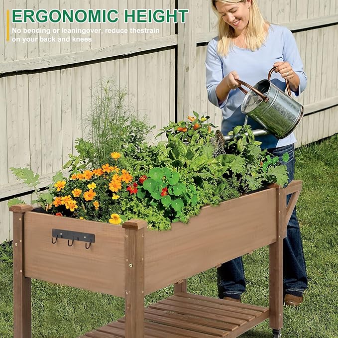 Raised Garden Bed with Wheels, Wood Elevated Garden Box with W-Connection Tabs，for Vegetable, Flower, Herb, Large Storage Shelf, Easy to Assemble, 55.5x24x32in