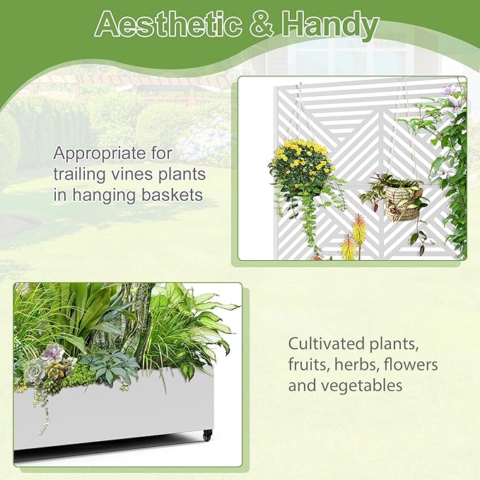 Raised Garden Bed with Trellis and Wheels,73"x47"x16" Metal Raised Garden Bed,White Diamond Metal Planter with Climbing Trellis for Vines & Vegetables