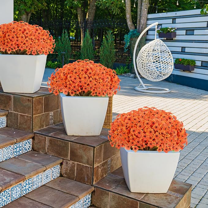 22Bunches of Outdoor Artificial Flowers, UV Resistant Fake Flowers Artificial Silk Flowers with Plastic Plants for Indoor Outdoor Front Porch Hanging Planter Decoration (22, Light autumn orange)