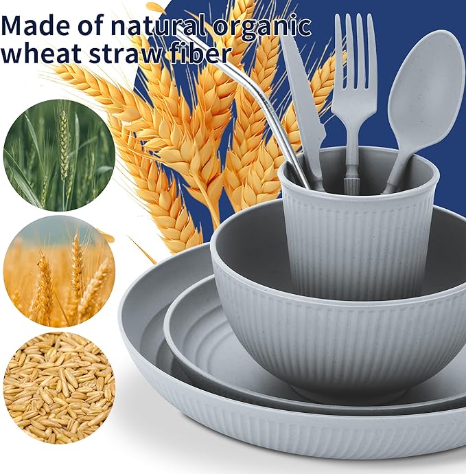 Wheat Straw Dinnerware Sets,56-Piece Plates and Bowls Sets for 8-Unbreakable,Reusable Plastic Dish Set-Dinner Plate/Cereal Bowl/Cup/Utensils-Microwavable Dishwasher Safe 56P-Gray