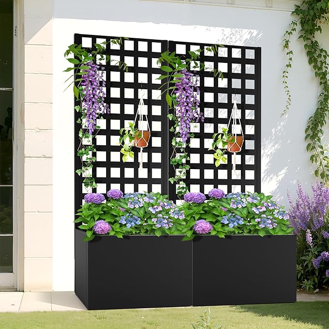 Metal Planter Box with Trellis, Heavy-Duty Raised Garden Bed for Climbing Plants, Drainage Hole, Outdoor Planter Box with Privacy Screen，24''L×12''W×63''H