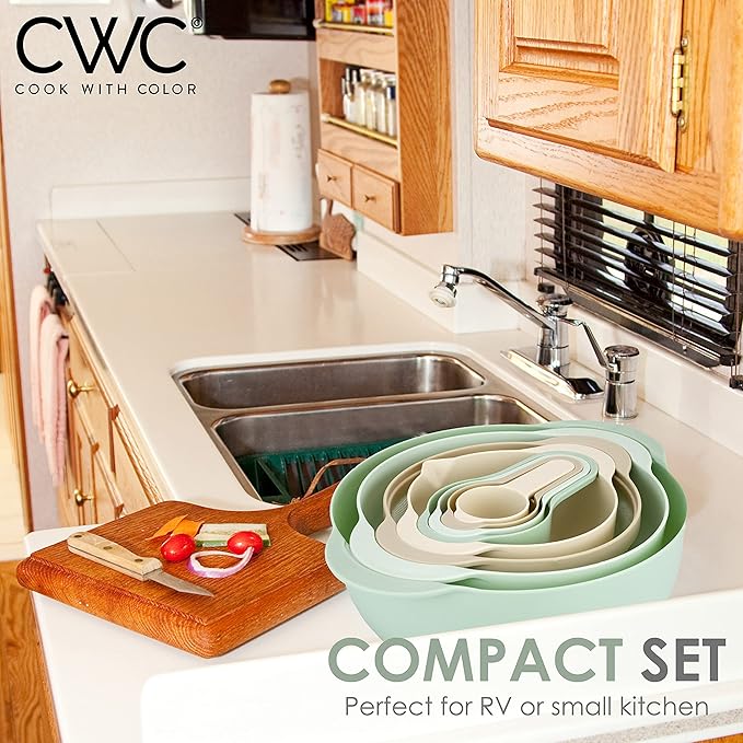 COOK WITH COLOR Nesting Bowls with Measuring Cups Colander and Sifter Set - Includes Mixing Bowls, Colander, Sifter and Measuring Cups, Mint, 8 Pc Bowl