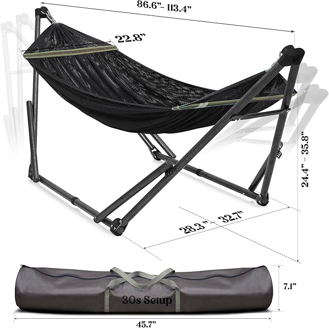 Tranquillo Uniki 3-Year Warranty Hammock Stand, Instant 30s Foldable Hammock with Stand, 550 lbs Capacity Camping Hammock for 1 Persons, Portable & Durable Premium Hammock, Black