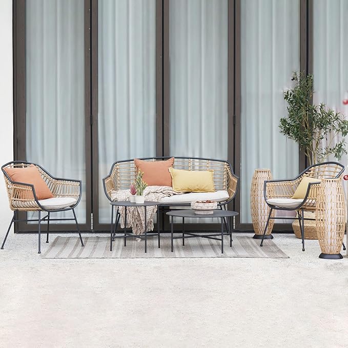 Grand patio 5-Piece Outdoor Wicker Patio Conversation Set with Cushions and Coffee Tables, Boho Wicker Seating Set for Indoor Outdoor, Balcony, Porch, Garden, Deck