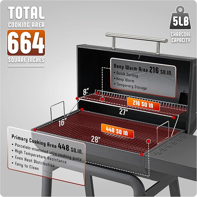 BBQ Charcoal Grill with Side Table, 30-In Heavy Duty Outdoor BBQ Grill with 664 Sq. In Cooking Area for Outdoor Barbecue in Backyard, Patio and Parties, Black