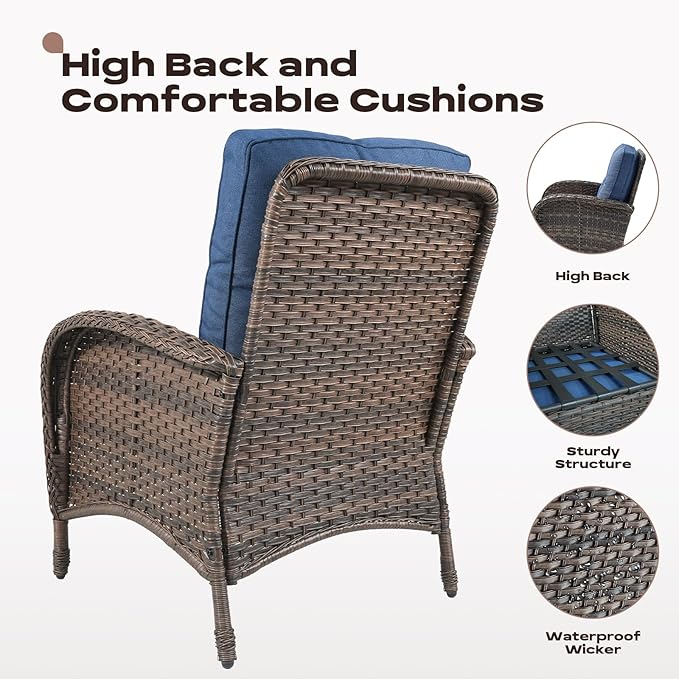 Rilyson 5 Piece Patio Furniture Set - Wicker Balcony Furniture Set with Hidden Ottomans, Rattan Outdoor Patio Chairs with Side Table for Porch Deck Poolside Garden Brown/Blue