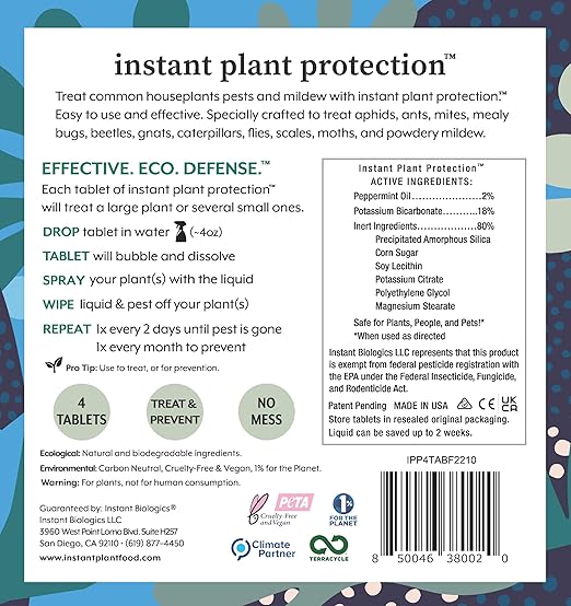 Instant Plant Protection (4Tablets) Self-Dissolving Tablets | Peppermint Spray for Protecting Indoor and Houseplants Against Spider Mites, Insects, and Disease