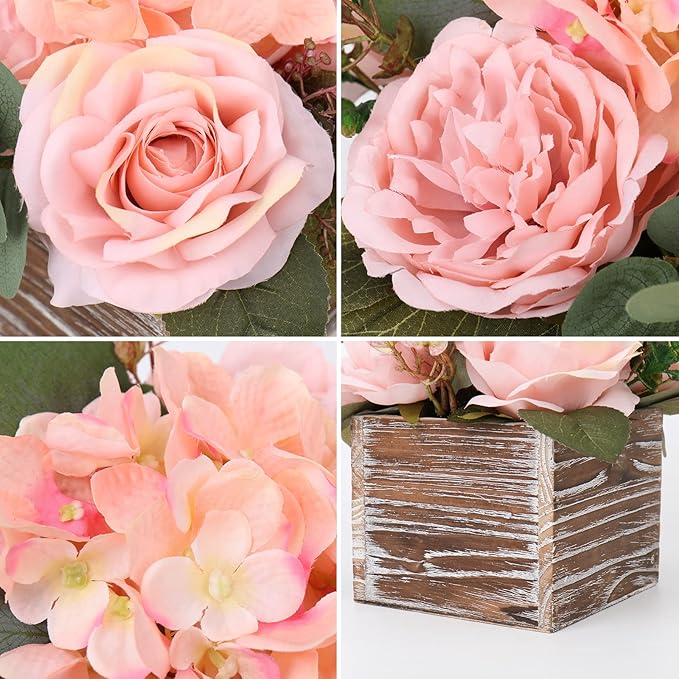 DILATATA Flower Arrangement with Wooden Vase 8" Artificial Flowers in Pot - Fake Flowers Roses Peonies Hydrangeas in Wooden Vase Potted Flower Centerpieces for Table Decor Living Room - Dusty Pink