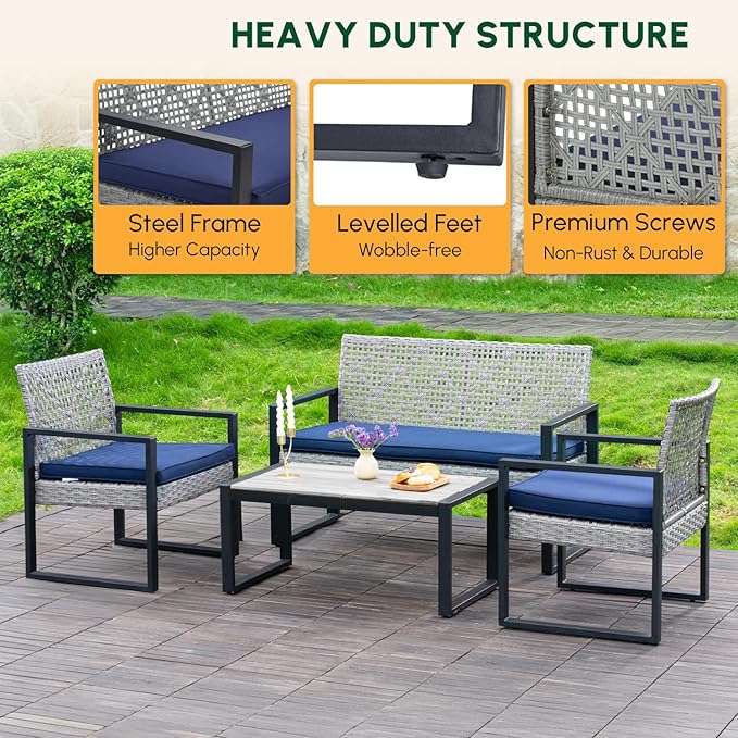 BEEFURNI Wicker Patio Furniture Outdoor Conversation Set of 4, Acacia Wood Table, 2 Rattan Chairs, 1 Loveseat, 2” Cushions, All-Weather, Easy Assembly, 1-Year Manufacturer Warranty (Gray)