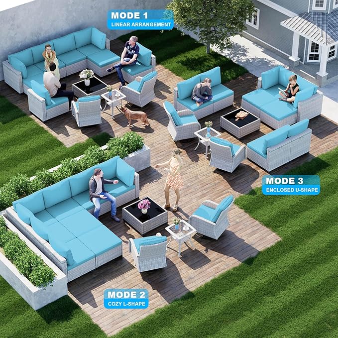 12-Piece Patio Furniture Set, Outdoor Patio Furniture with Swivel Chairs Set, Ottomans, Modular Patio Sofa, Dual-Strand Wicker Rattan, Rust-Resistant Frame, Lake Blue
