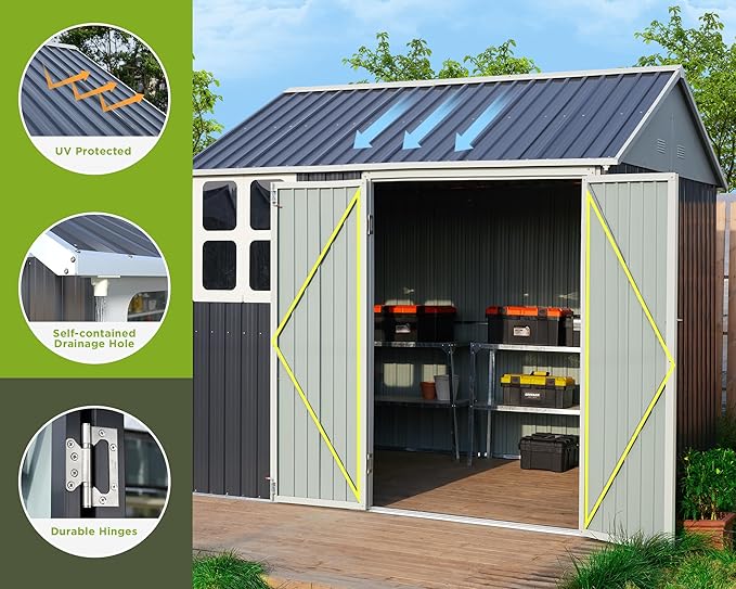 VanAcc 8x6x7.5 FT Shed 4-pane Window Nordic Cottage Storage Shed Outdoor Metal Garden House Double Hinged Lockable Doors for Backyard Garden Patio Lawn Dark Grey/White
