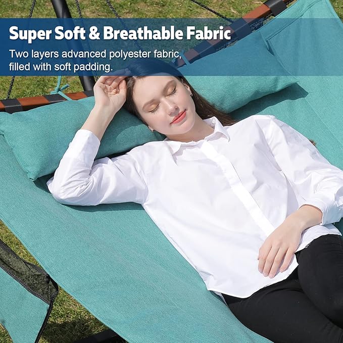 TegerDeger 12FT 2 Person Hammock with Stand Included 55 x 79IN Large Hammock 450LB Capacity with Hardwood Spreader Bar & Nylon Rope for Outside, Patio, Garden, Backyard, Beach, Poolside - Lake Blue