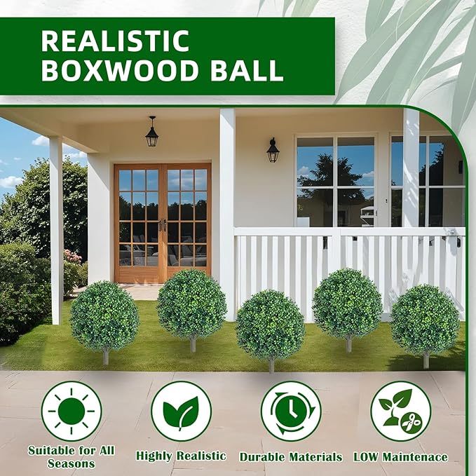 27" Artificial Boxwood Topiary Ball Fake Bushes-Trees UV Resistance shrubs Rated with Spike Easy to Push in The Ground.Plant Looks Great in a Planter Anywhere. Indoor/Outdoor Decor 4 Pack