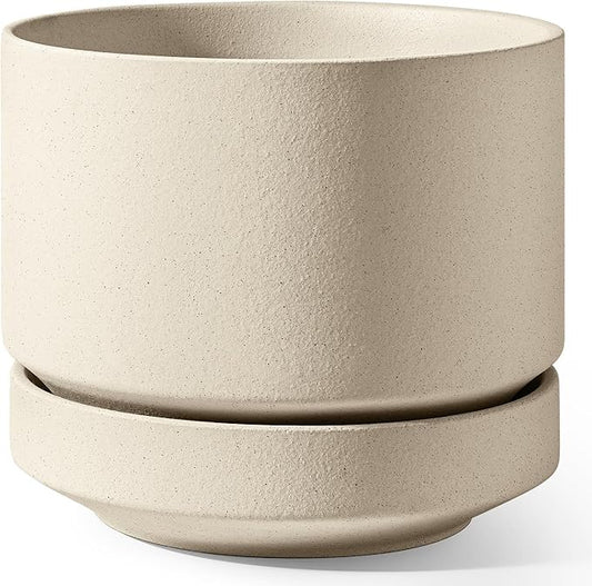 LE TAUCI 12 Inch Pots for Plants with Saucer | Ceramic Outdoor & Indoor Planter Pot for Plants | Drainage Hole, Mesh Pad & Plug | Unglazed Porous | Modern for Home, Office and Patio – Speckled Oat