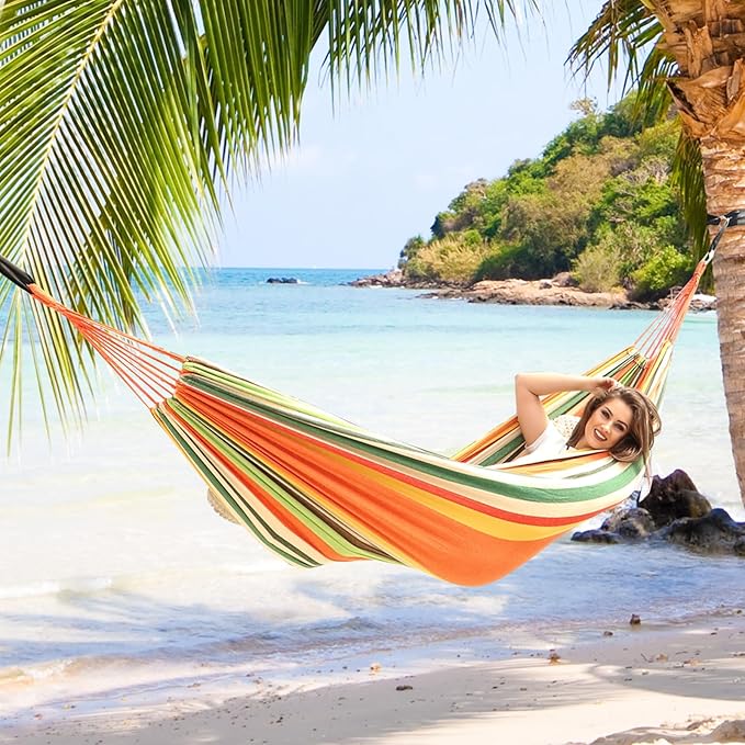 ANYOO Cotton Hammock Portable Camping Hammocks for Hanging Sturdy Garden Comfortable Fabric Hammock with Tree Straps Up to 660lbs with Travel Bag for Camping Outdoor/Indoor Patio Backyard
