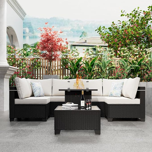 Patio Furniture Set with Fire Pit Table 28", 8-Piece Outdoor Furniture Conversation Set with Cushions，Wicker Sectional Sofa for Porch Garden Backyard, Coffee/Beige
