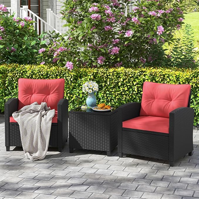 HAPPYGRILL 3 Pieces Wicker Patio Conversation Set, PE Rattan Bistro Sofa Set with Tempered Glass Coffee Table, Washable Cushions, Outdoor Furniture Set for Garden Poolside Balcony (Red)