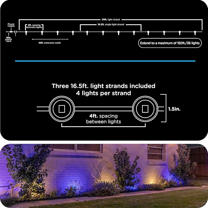 Enbrighten Vibe Eternity Garden Lights, 50ft, 12 RGBWIC LEDs, Waterproof, Uplights, Outdoor Landscape Lighting, Home Exterior Spotlight, Smart App, Works with Alexa, Google Home, 83790