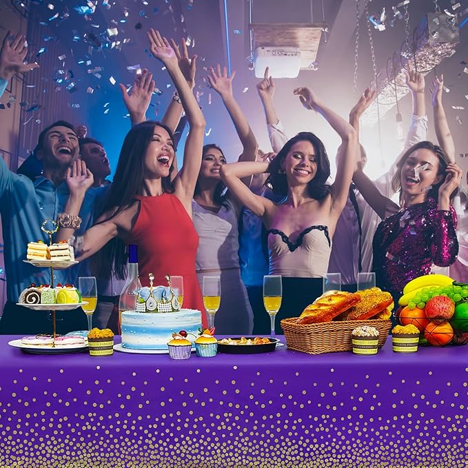 6 Pack Purple and Gold Dot Tablecloth, Purple Plastic Table Cloths for Parties Disposable, 54x108 in Waterproof Rectangular Purple Camping Tablecloth for Birthday Party Graduation Picnic