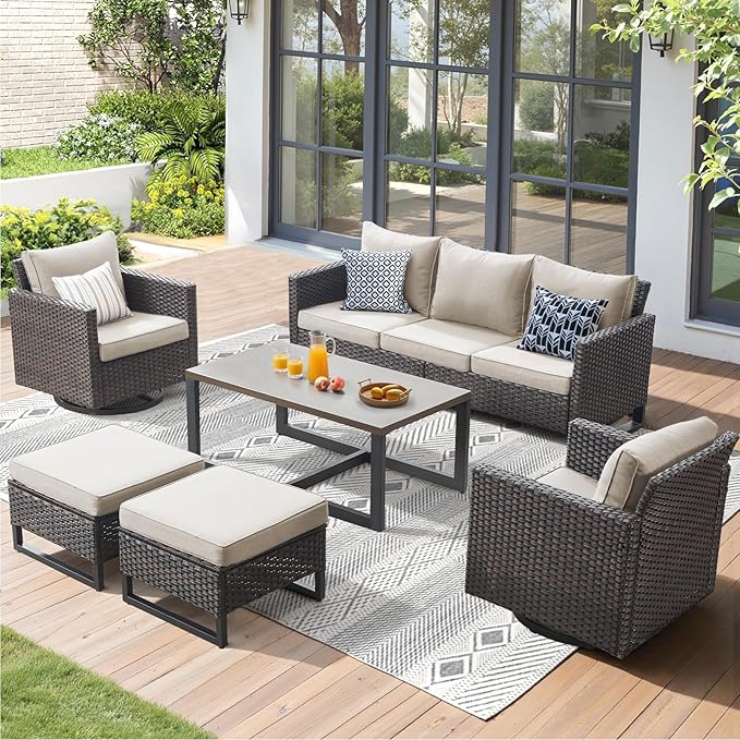 6 Pieces Patio Furniture Set-All Weather Outdoor Swivel Rocker Patio Chairs with 3-Seat Section Couch and Rattan Coffee Table Outdoor Conversation Sets for Garden Backyard Deck(Brown/Beige)