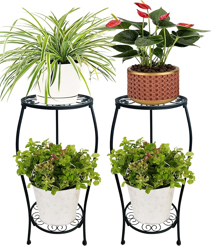 2 Pack 25.2 inch Metal Plant Stand Rack for Round Flower Pot, 2 Tier Potted Holder Indoor Outdoor Rustproof Wrought Iron Heavy Duty Planter Shelf for Corner Living Room Balcony Garden Patio, Black
