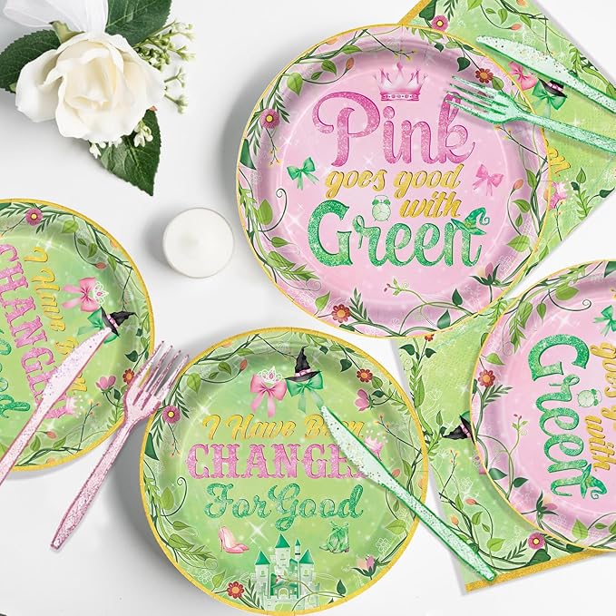 121Pcs Pink and Green Witch Party Decorations for Girls Boys Witch Movie Birthday Party Supplies Tableware Paper Plates Napkins Cups Banner Knife and Fork Baby Shower Tableware Set Serve 20 Guests
