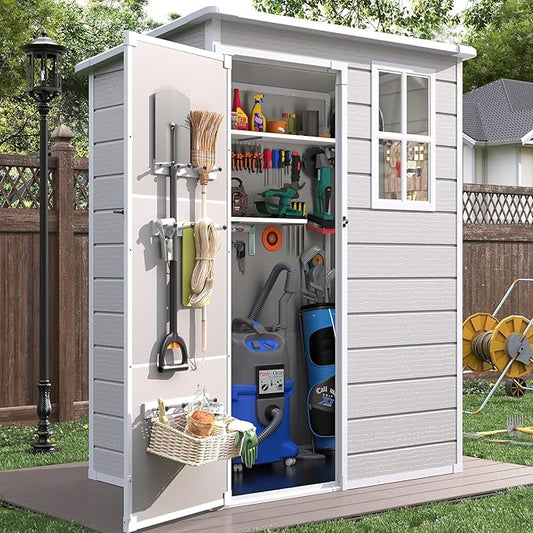 Resin Outdoor Storage Shed with Floor, 5x3FT Plastic Garden Shed, Lockable Door & Window, Waterproof Tool Shed for Bike, Garbage Can, Lawn Mower, Patio Furniture Bedge