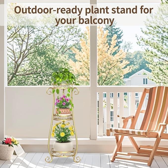 LASZOLA 3 Tier Gold Metal Plant Stand for Multiple Large Planters Indoor Outdoor Organizer, Heavy Duty Tall Flower Stand for Corner Patio Bathroom Office, Modern Sturdy Vertical Iron Rack, Cat Proof