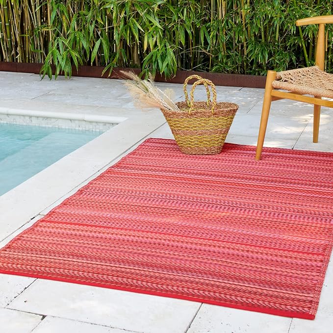 Fab Habitat Striped Outdoor Rug - Waterproof, Fade Resistant, Crease-Free, Reversible - Premium Recycled Plastic - Patio Porch Balcony Deck - Cancun Sunset - 8x10 ft