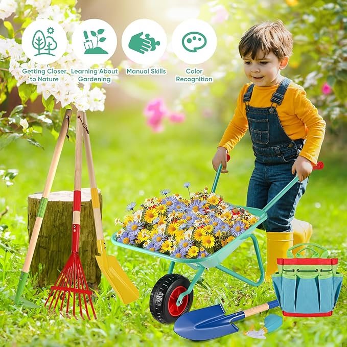 GOLDGE 10pcs Kids Gardening Tool Set - Wheelbarrow Outdoor Toy with Shovel, Rake, Pretend Weed Digging Tools, Backyard Play for Toddlers, Boys, Girls. Ideal Birthday or Valentine's Gift for Ages 3-5