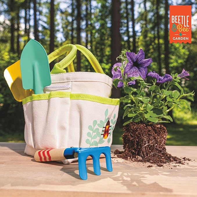 Beetle & Bee Kids Garden Tote Kit – Durable, Easy-to-Clean Gardening Tools Set - Includes Canvas Tote Bag, Hand Rake, Shovel & Trowel - Perfect Toddler Gardening Set