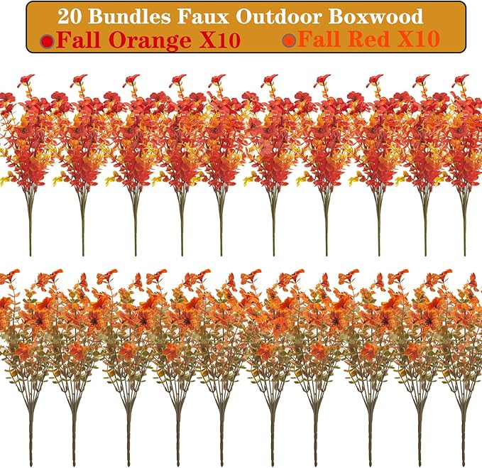 20 Bundles UV Resistant Artificial Fall Flowers Outdoor - Fake Autumn Plants for Thanksgiving Porch, Pumpkin Decor | All-Weather Faux Eucalyptus & Daisy (Fall Mix)