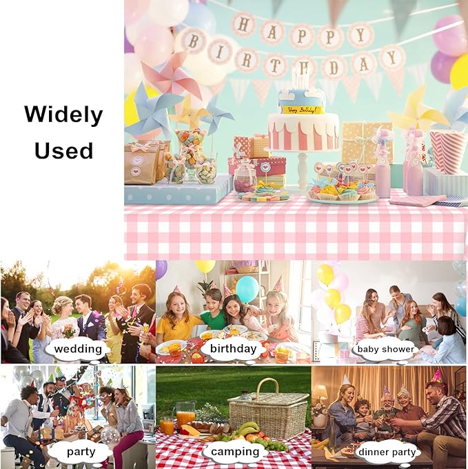 3 Pack Pink and White Checkered Tablecloth, Pink Plastic Table Cloths for Parties Disposable, 54x108 in Waterproof Rectangular Pink Gingham Camping Tablecloth for Birthday, Party, Baby Shower