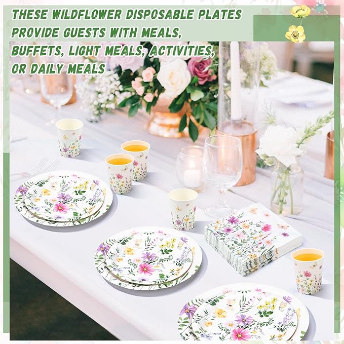 250 Pcs Wildflower Party Decorations Include Spring Summer Floral Paper Plates Napkins and Cups for Wildflower Baby Shower Tea Decorations, Serve 50 Guest(Watercolor,Fresh Style)