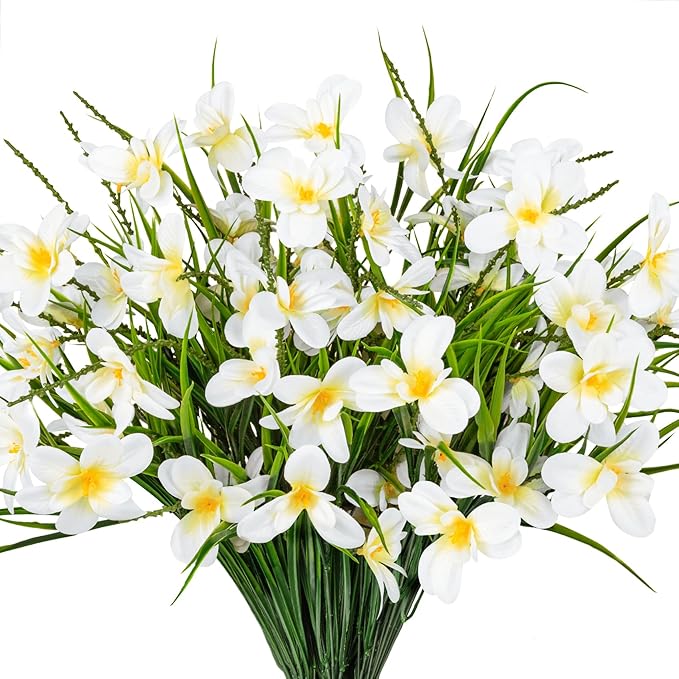 Ouddy Decor 12 Bundles Artificial Flowers for Outdoors Decoration, Fake Freesia Silk Flowers UV Resistant Artificial Plants for Summer Indoor Outside Garden Wedding Farmhouse Porch Home Decor, White