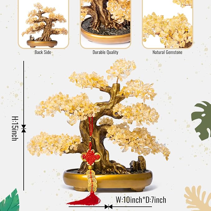 Natural Citrine Gemstone Crystal Bonsai Tree of Life Large Feng Shui Money Chakra Tree for Luck and Wealth Desk Decoration(1,251 Gem Count)