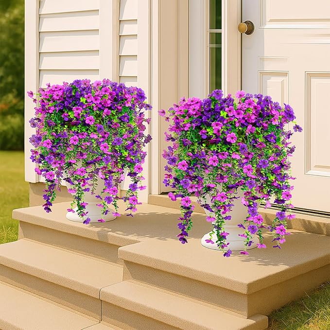 8PCS Artificial Hanging Flowers for Outdoors,Hanging Outdoor Faux Plants,UV Resistant Fake Flowers for Outdoor Planters,Realistic Fake Plants Spring Decor for Porch,Patio,Yard (DoublePurple)