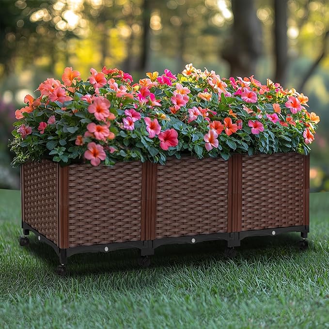Raised Garden Beds Outdoor With Wheels, Large Garden Planter Box With Drain Outlet and Lockable Wheels, Self Watering Rectangular Planters for Outdoor Plants Flowers Vegetables, 47.2"X15.7"X16.1"