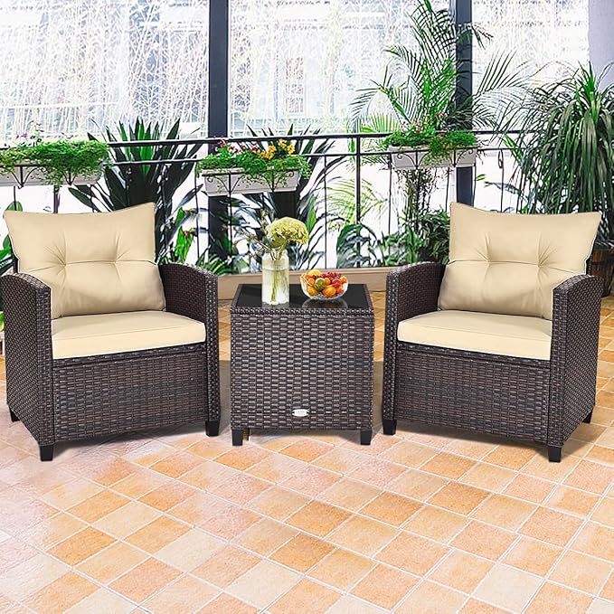HAPPYGRILL 3 Pieces Patio Conversation Set, Outdoor Furniture Set PE Rattan Sofa Set with Removable Cushions, PE Wicker Chairs with Tempered Glass Side Table for Porch Lawn Garden Balcony Backyard